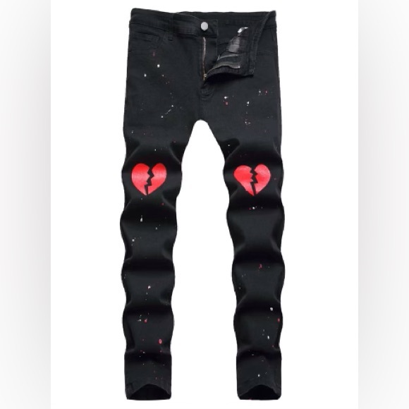 COPY - Men Heart And Paint Drip Print Jeans - Picture 1 of 4